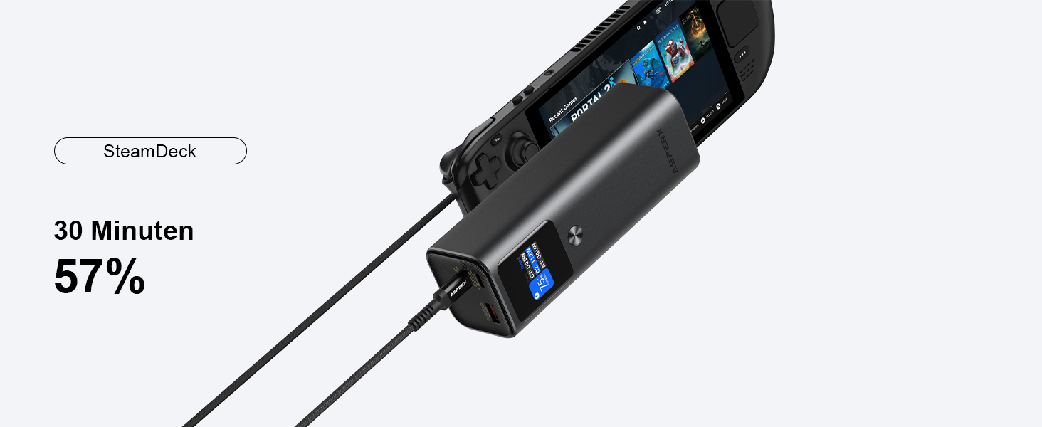 Power Bank AsperX 20000mAh, 165W, 2x USB-C 100W, Алюмінієвий Корпус, Вбудований Кабель 60см, TFT-Дисплей, для iPhone, MacBook, Samsung