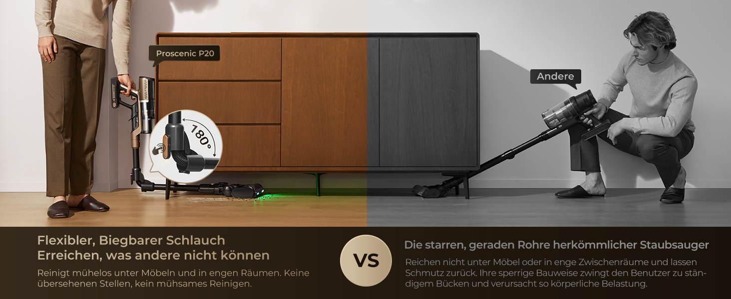 Proscenic P20: Акумуляторний пилосос 2-в-1 з функцією вологого прибирання, 70 кПа, 70 хв, 680 Вт, чорний. Для килимів та шерсті тварин