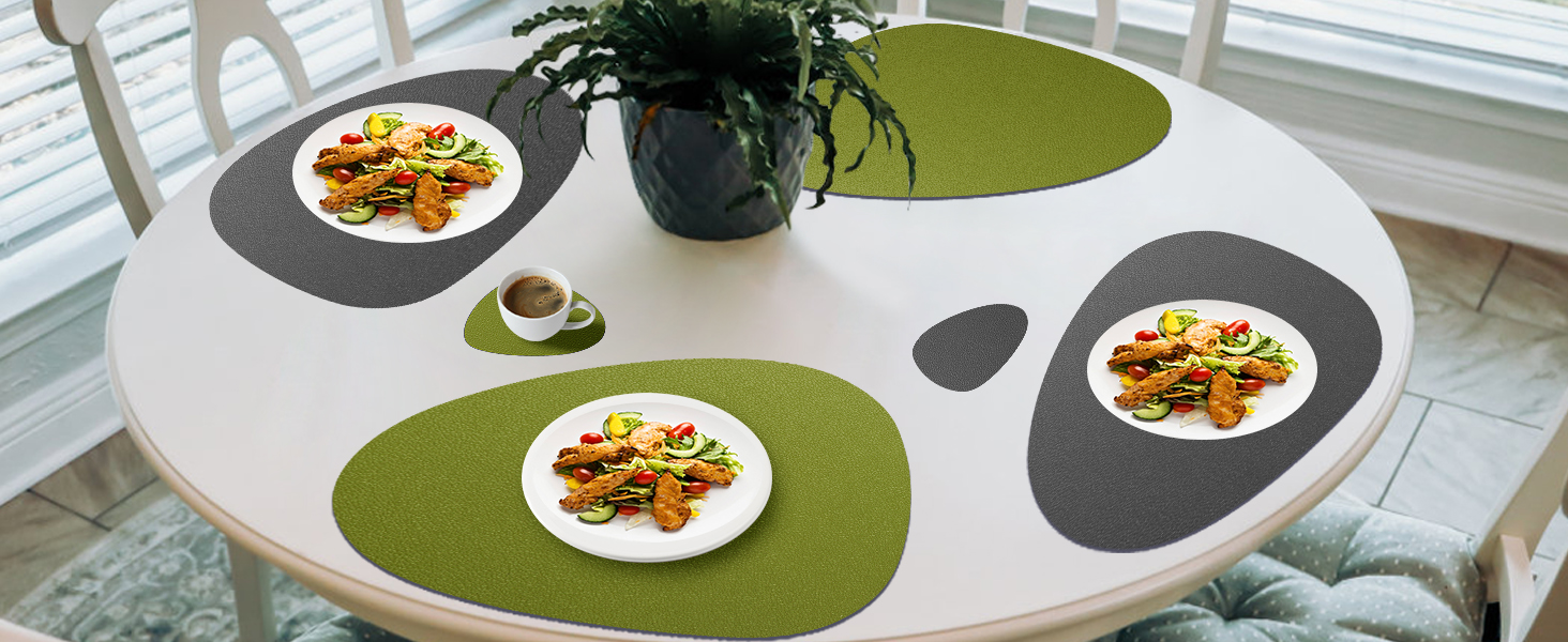 Набір з 6 підставників під тарілки, водонепроникні, з підставками, двосторонні, з імітацією шкіри, для обіднього столу, кухні, ресторану та дому (6 шт, зелений&сірий)