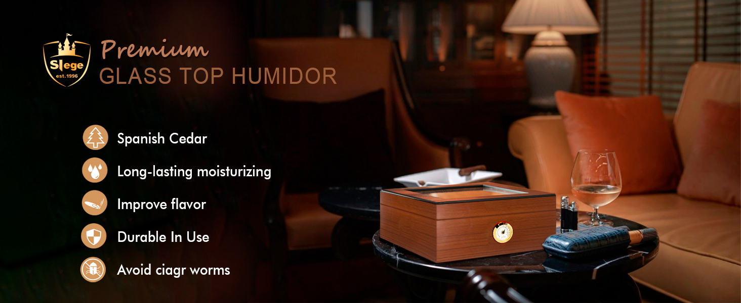 Вологозбережувач для сигар Slege, дерев'яний бокс з іспанської кедру, гігрометр, роздільники, аксесуари для сигар (30-50 сигар) (колір: коричневий)