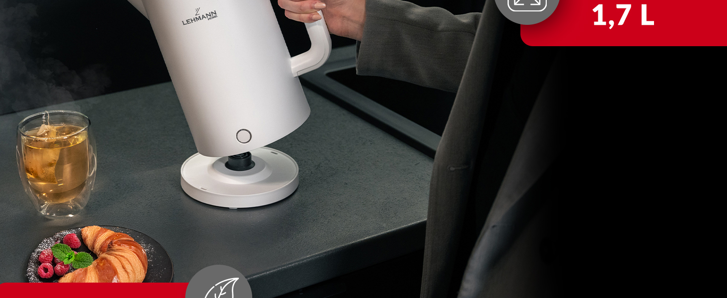 Електричний чайник Lehmann Edelstahl 1.7L, 2200W з подвійними стінками, автоматичне відключення, захист від перегріву, BPA-free, для дитячого харчування, чаю та кави (Білий)