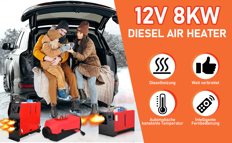 Дизельний обігрівач 8kW 12V з Bluetooth, LCD-дисплеєм та пультом дистанційного керування для автодому, авто, човна, каравану, червоний
