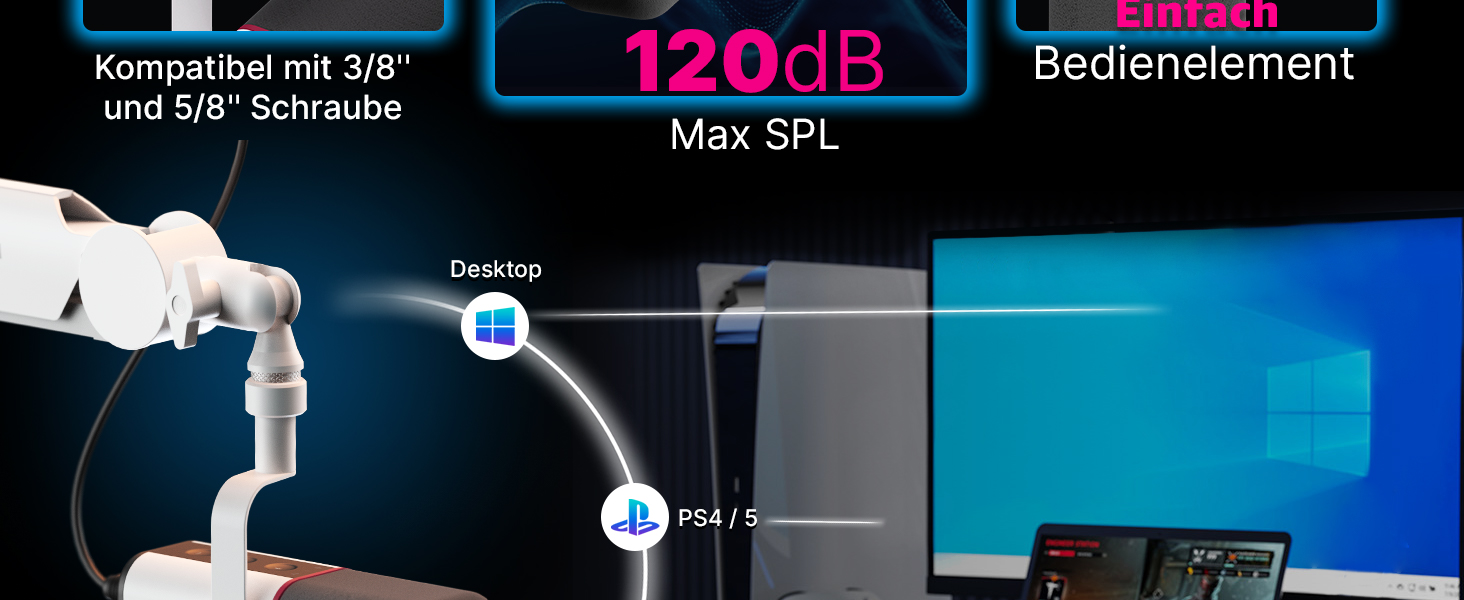 IXTECH Динамічний мікрофон із кардіоїдною діаграмою, RGB підсвітка, USB/XLR, для співу, подкастів, стрімінгу, запису, ігор та озвучування, білий