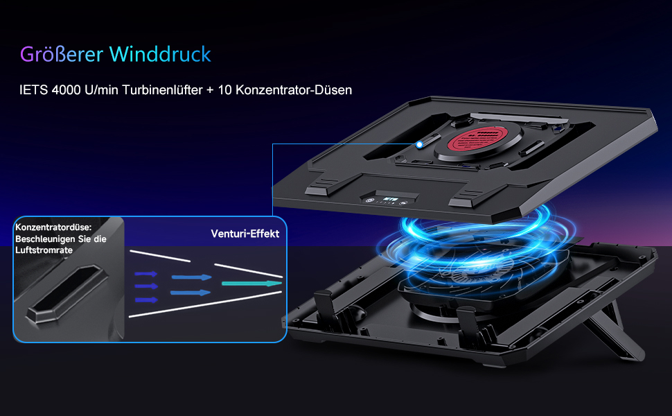 Охолоджувач для ігрового ноутбука IETS GT300 Turbo Cooling Pad, підставка з регульованим нахилом та повітряним фільтром для ноутбуків 10-17 дюймів (GT300B1)