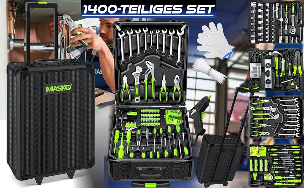 Набір інструментів MASKO 1400 предметів в алюмінієвому кейсі на колесах: професійний інструментальний візок для дому, майстерні, автосервісу