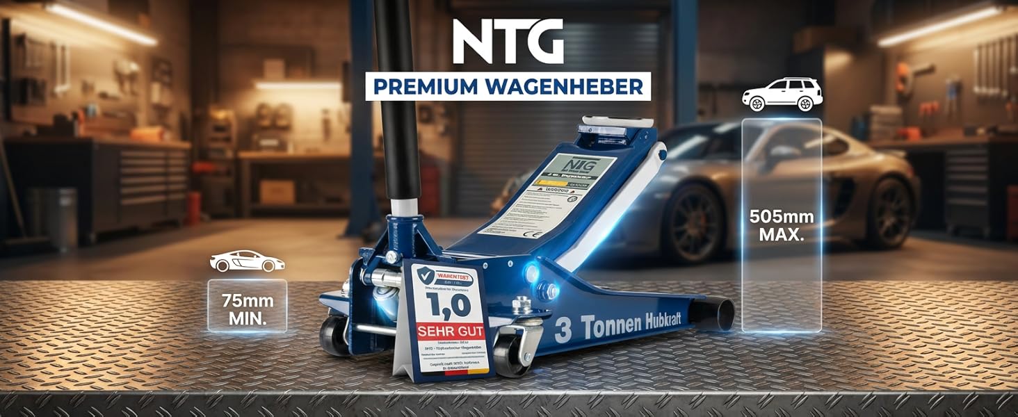Гідравлічний домкрат NTG 3T, низькопрофільний, для авто (легкових та SUV), синій + сертифікат TÜV, висота підйому 75-505 мм