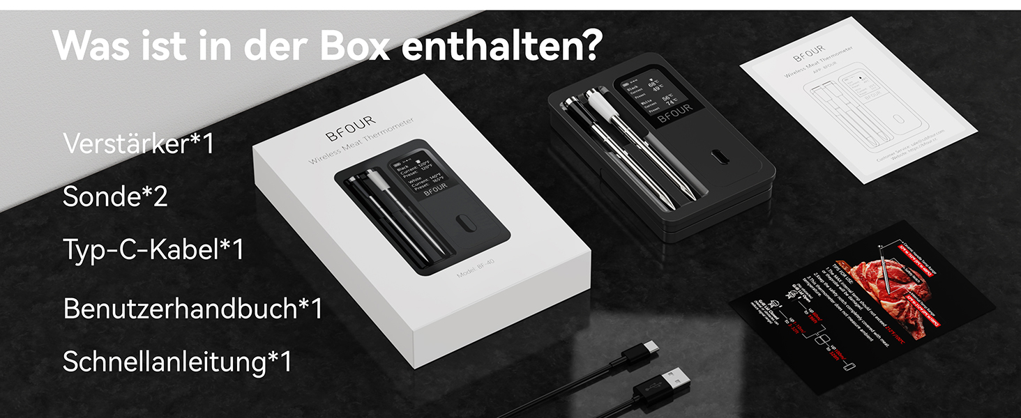 Бездротовий термометр для м'яса BFOUR з 2 зондами, Bluetooth, LCD-дисплей, керування через APP, цифровий термометр для приготування на грилі, в духовці, мангалі, BF-40 PRO, чорний