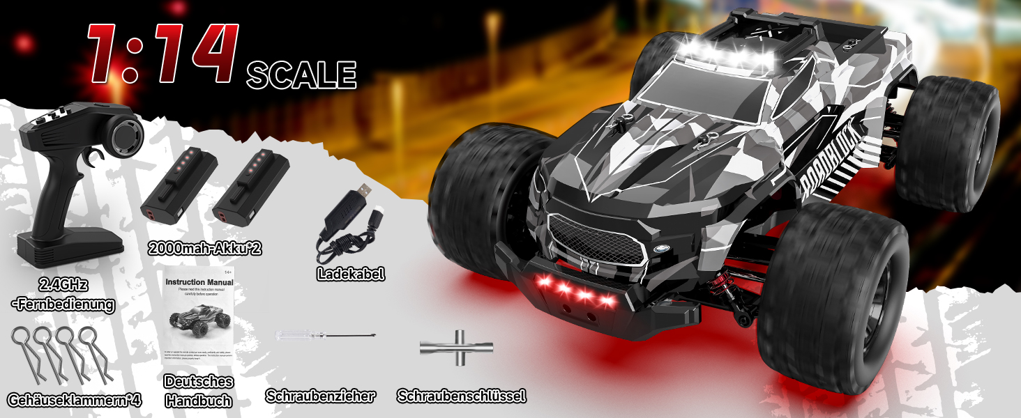 RC Автомобіль Monstertruck 1/14 4WD, 40 км/год, 2 батареї, 7 кольорів підсвічування, Водонепроникний, для дітей та дорослих, Чорний