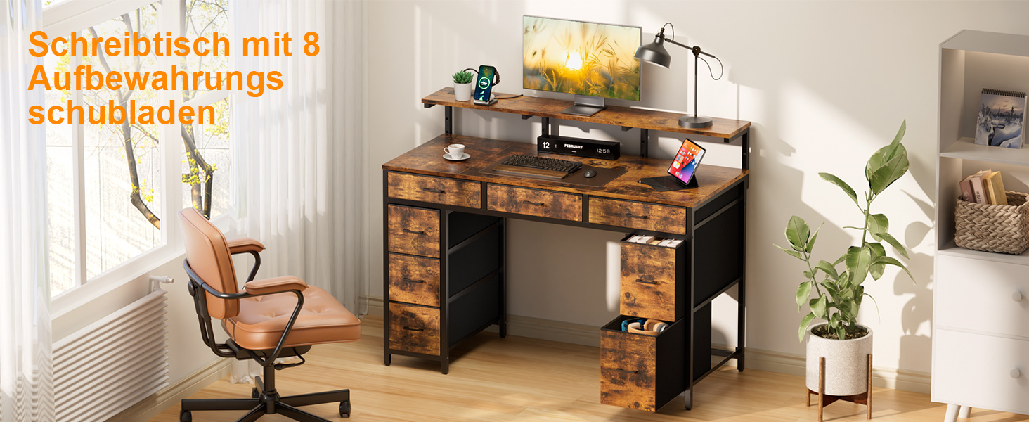 Комп'ютерний стіл з 8 висувними ящиками, 2 розетками, USB-портами, LED-підсвічуванням та підставкою для монітора, 120 x 50 x 74 см, Колір: Коричневий