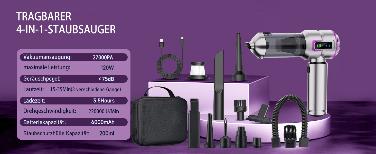 Акумуляторний ручний автомобільний пилосос бездротовий 27000Па, потужний міні-пилосос та електричний обдувач для авто, дому, кухні та ПК