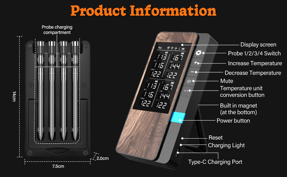 Бездротовий набір термометрів для м'яса (4 шт.) з Bluetooth, водонепроникні (IP67), для приготування на грилі, в духовці, мангалі, ротатерії, фритюрниці