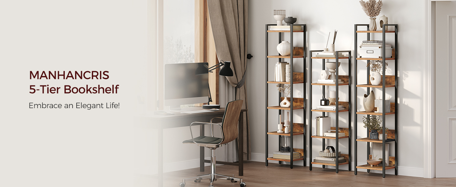 Стелаж MAHANCRIS ABKHR6601N1 з 6 полицями, 24 x 33 x 157,5 см, для вітальні, спальні, офісу, з металевим каркасом, рустичний колір, коричнево-чорний
