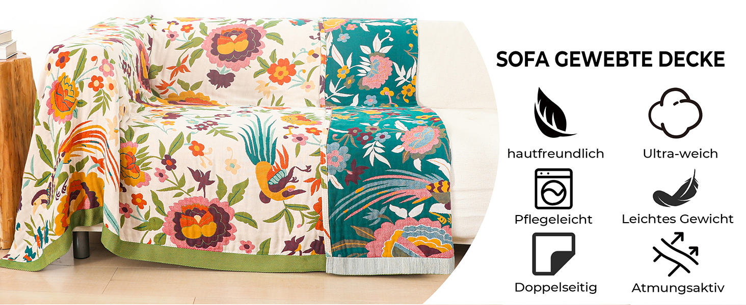 Плед Boho з 100% бавовни, стиль кантрі, 150x200 см, гранатовий колір. Плед на диван та ліжко з квітковим візерунком (квіти, птахи)