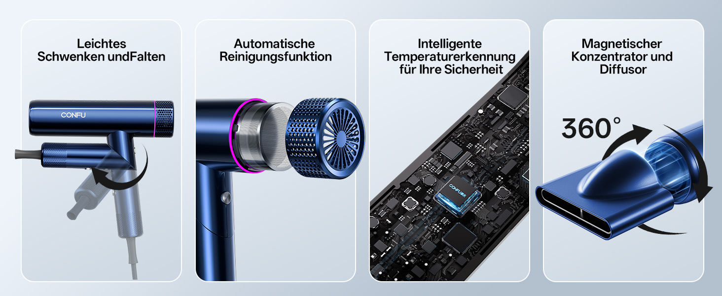 Професійний іонізаційний фен для волосся CONFU 1700W, складаний фен з магнітним диффузором та стилізуючою насадкою, низький рівень шуму, синій