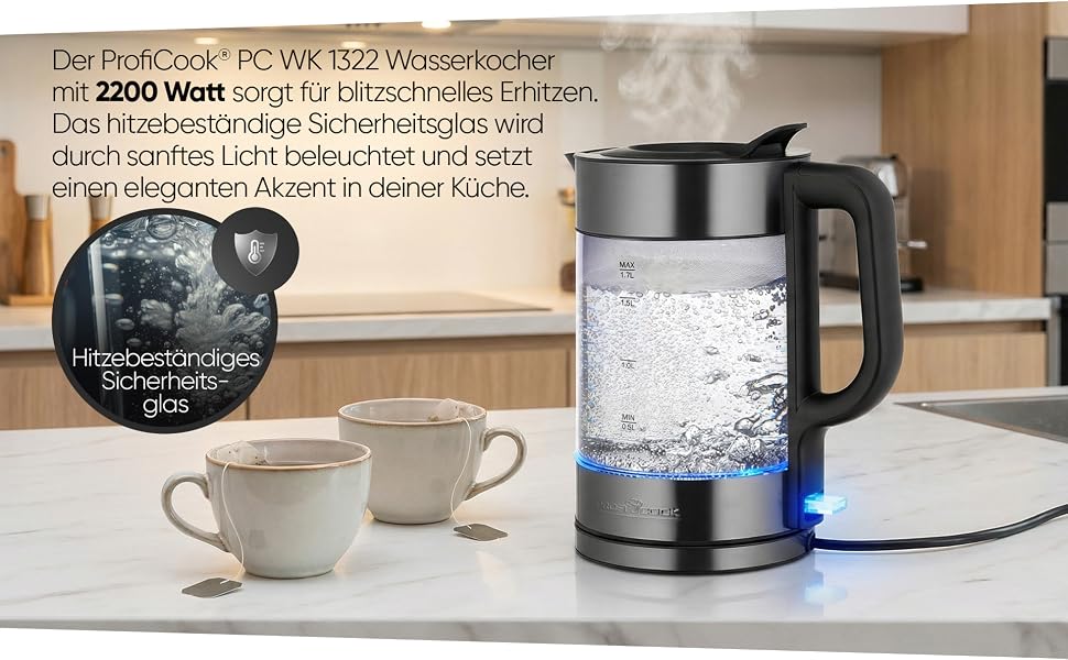 Скляний електрочайник ProfiCook PC WKS 1322, 1.7 л, 2200 Вт, підсвітка, корпус із нержавіючої сталі Dark-inox