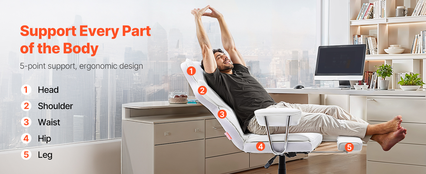 Крісло офісне VEVOR з PU шкірою, біле, для начальника з підніжкою, регульоване по висоті, до 181,43 кг, 860 x 610 мм, поворотне