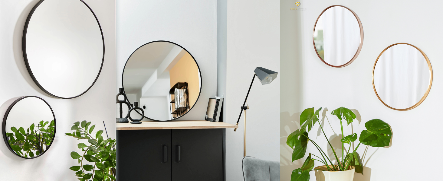 Круглий настінний дзеркало GOLD&CHROME UNIQUE DESIGN чорного кольору - 50 x 50 см, для ванної кімнати та макіяжу, з алюмінію, декоративне, велике, 2 роки гарантії