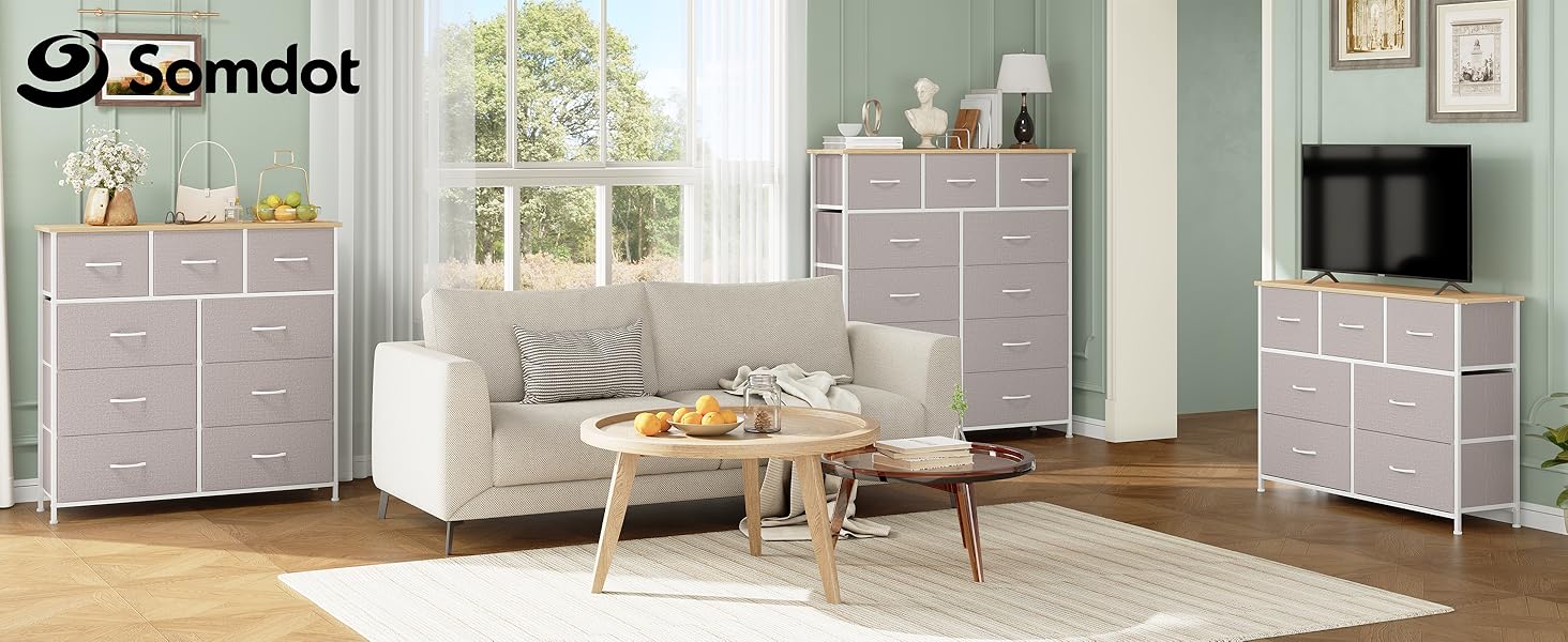 Тумбочка Somdot з висувними ящиками, тканинна тумбочка, тумбочка для спальні, вітальні, коридору, шафа з ящиками, 5 тканинних ящиків, білий колір, штучна шкіра (сірий, 30T x 100B x 118.5H см (11 ящиків))