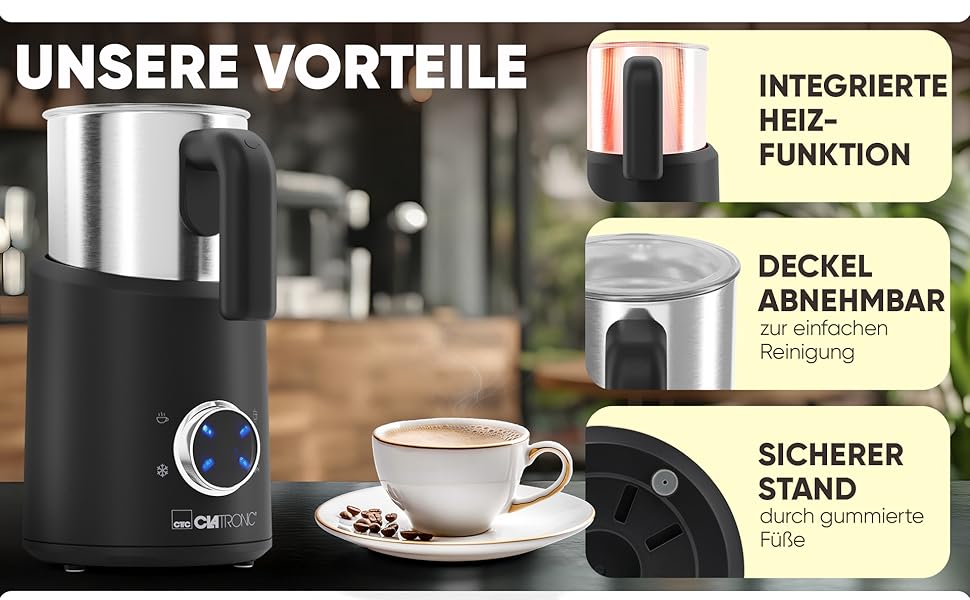 Електричний пінозбивач Clatronic MS 3812 | з підігрівом | для теплих та холодних напоїв | 740 мл | Чорний-inox | Модель 2024