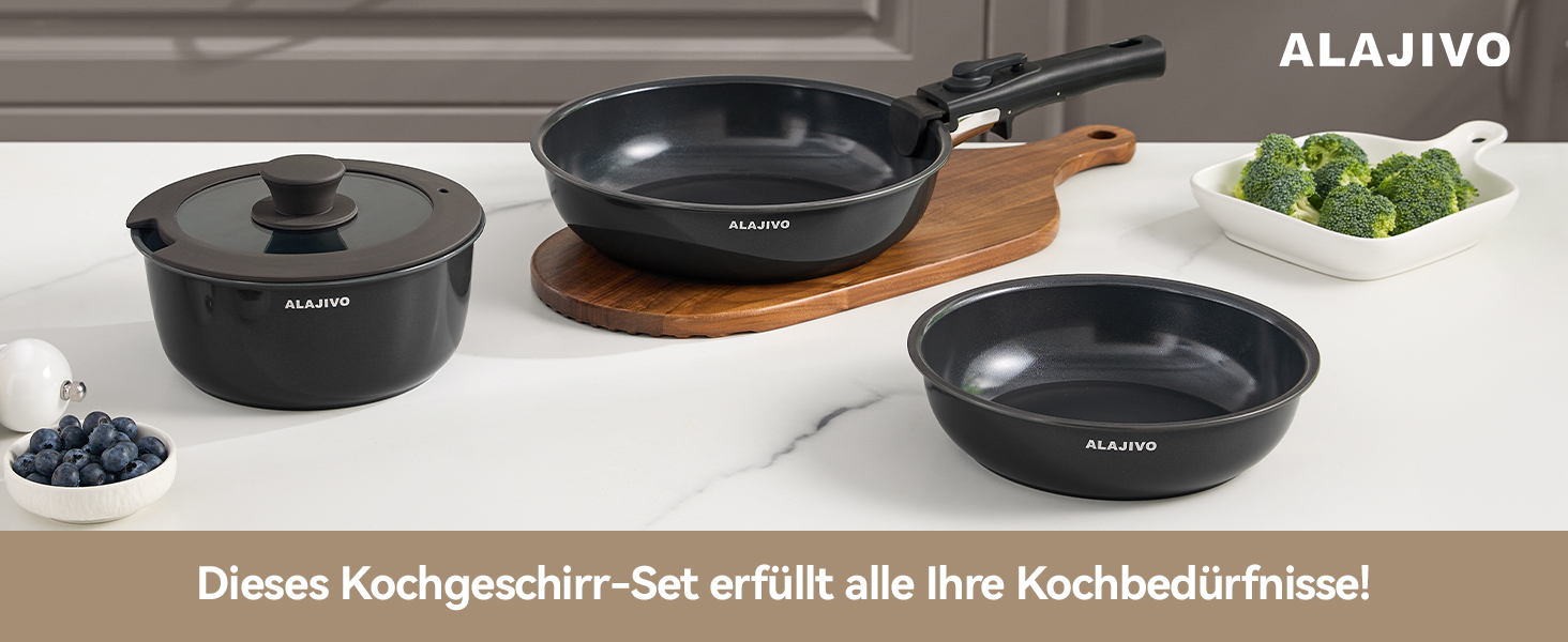 Набір каструль та сковорідок 9-ти частинний з антипригарним покриттям, для всіх типів плит, включаючи індукційні, сумісний з духовкою (темно-сірий)