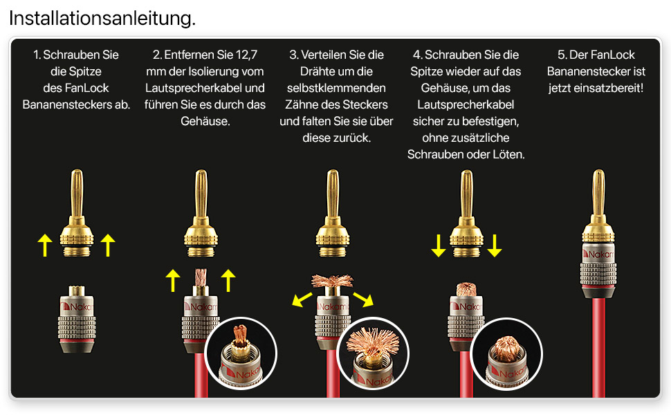 Банан-штекери Nakamichi FanLock 24K з позолоченим покриттям, 10-18 AWG, 4 мм, 24 шт. и (12 пар) для Hi-Fi аудіо