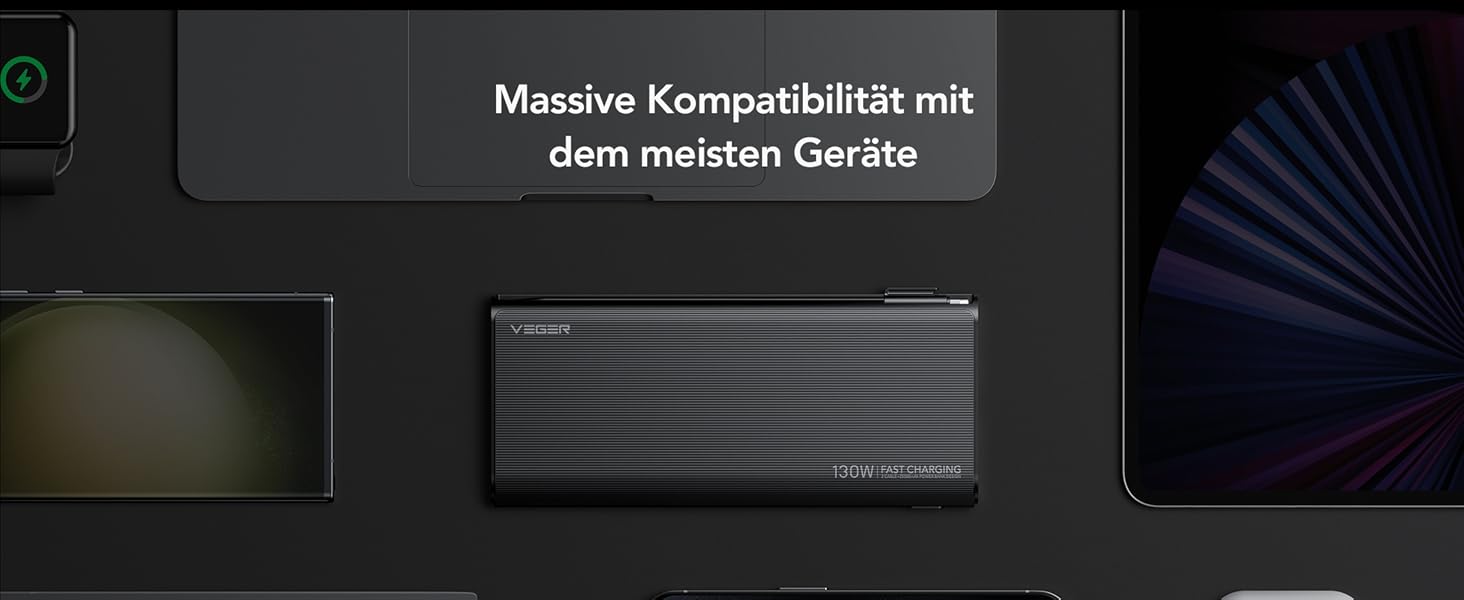Для ноутбука VEGER 130 Вт 25000 мАг з кабелем, швидкою зарядкою, світлодіодним дисплеєм, сумісний з MacBook та іншими пристроями