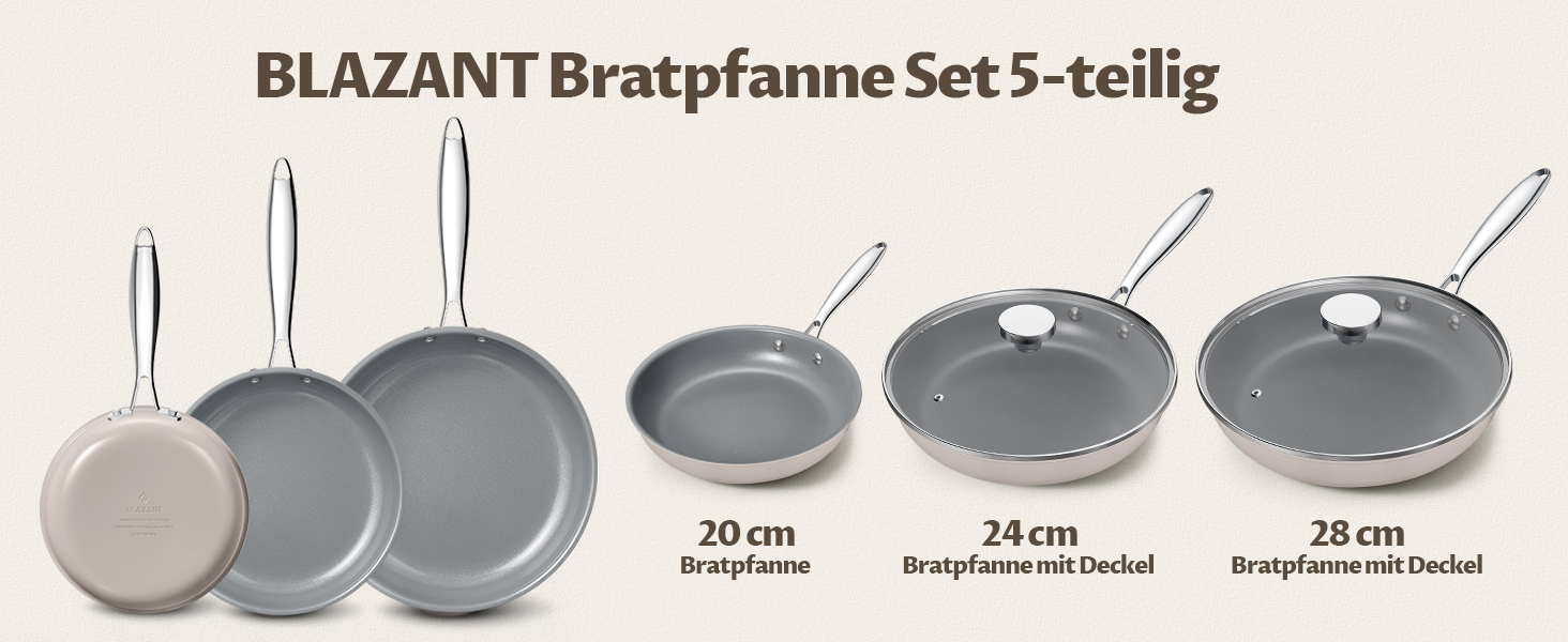 Набір сковорідок BLAZANT з кришками 5 предметів, індукційні 20, 24, 28 см, керамічне антипригарне покриття, PTFE-free, для всіх плит, можна в духовку