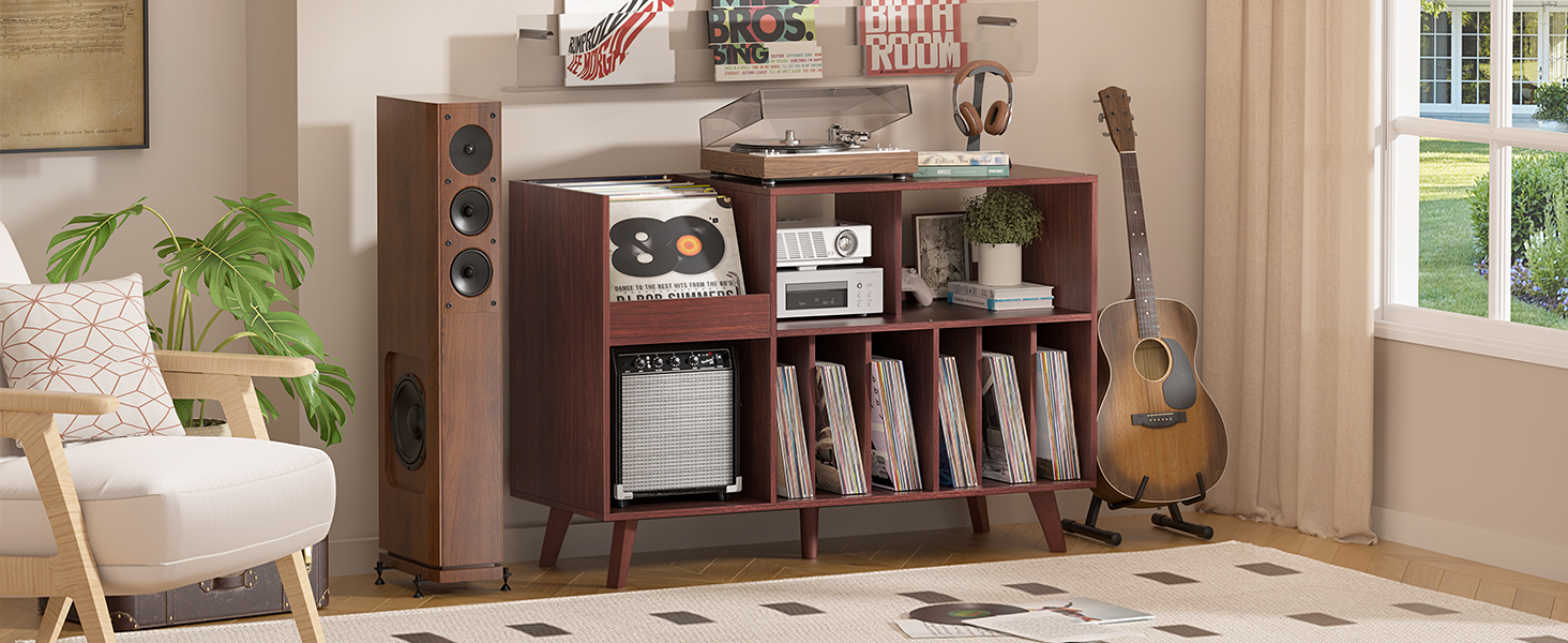 Стійка для платівок з полицею для зберігання, підставка для програвача, органайзер для вінілових платівок на 450 альбомів, полиця для музичної кімнати та вітальні (горіх)
