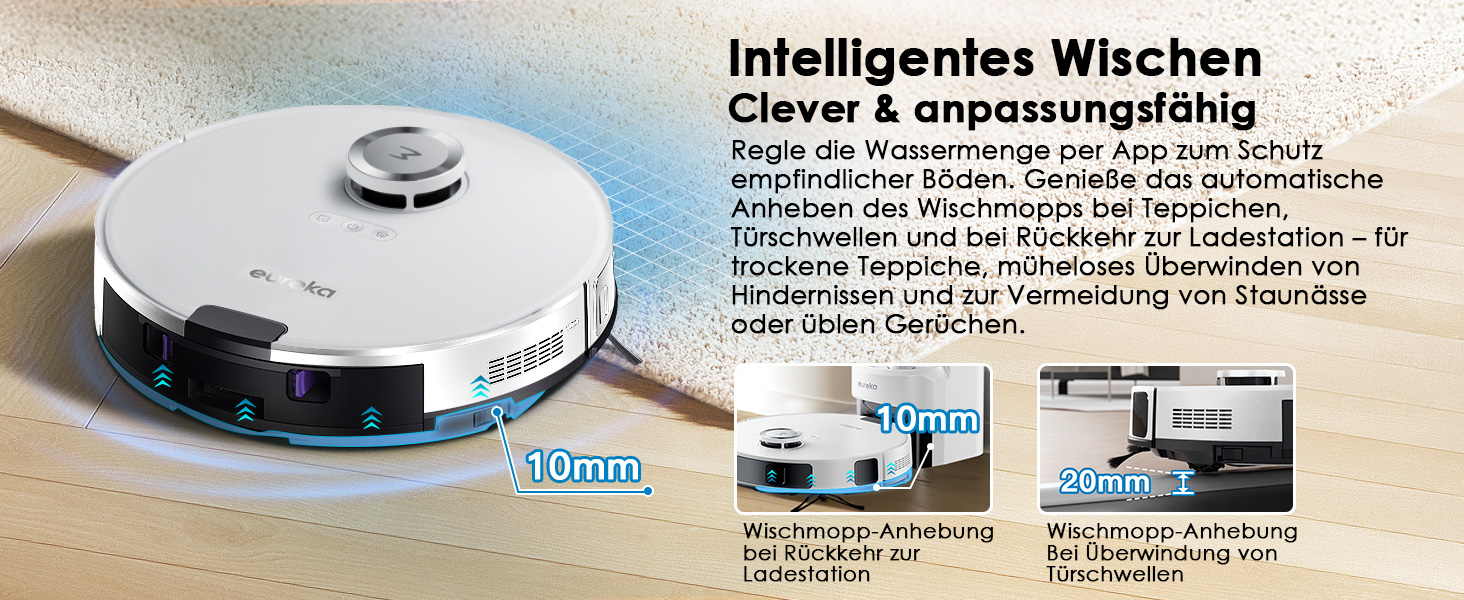 Робот-пилосос EUREKA E10s 2.Gen з вологою тканиною + станція самоочищення (4000Pa, автовиявлення килима, підйом мопа, LiDAR-навігація, ідеально для видалення шерсті тварин, керування через додаток/голос) (білий)