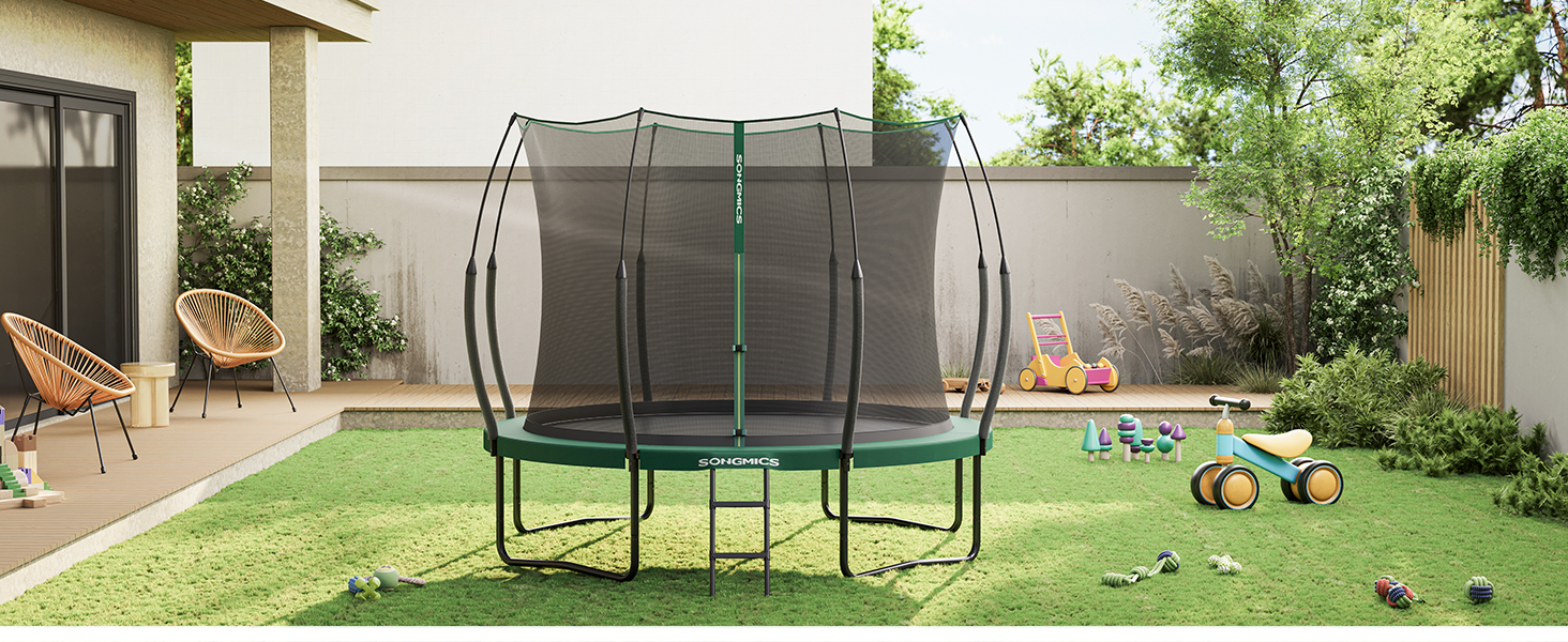 Батут SONGMICS для дітей та дорослих Ø305 см, зелений, з захисною сіткою та пружинами, вуличний