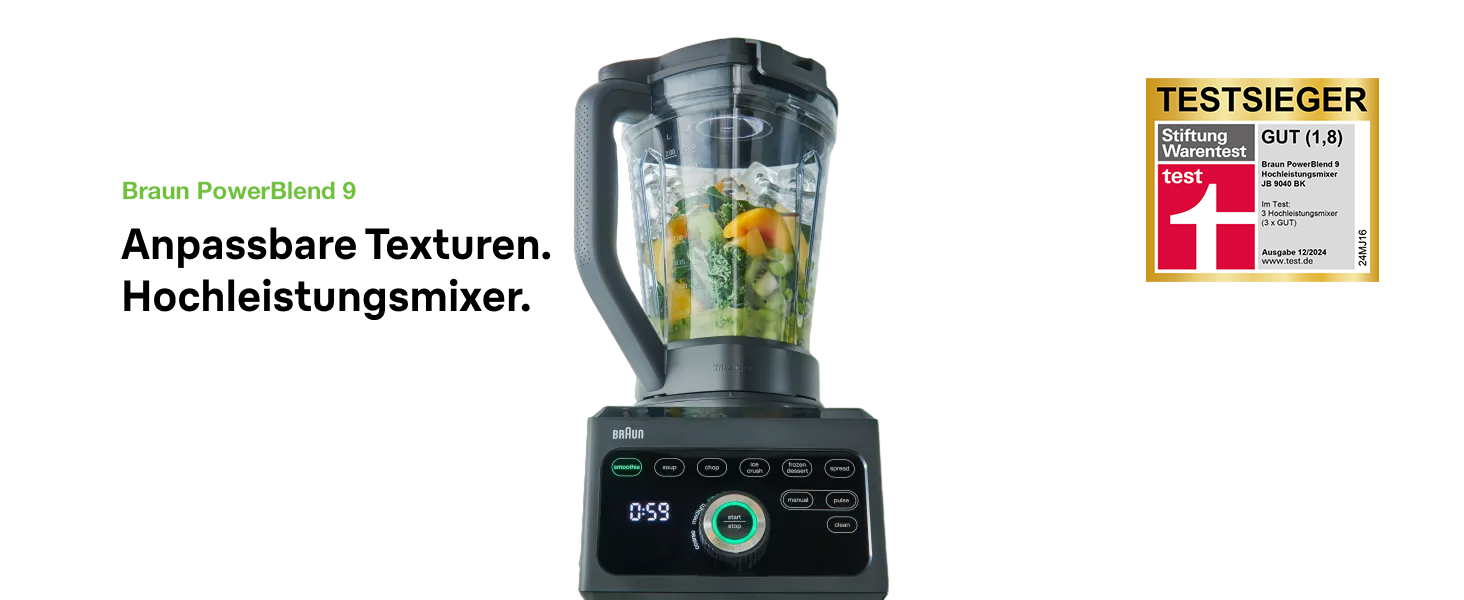 Блендер Braun PowerBlend 9 JB9040BK чорний, 1600 Вт, 2л, 18 програм, 10 швидкостей, професійний