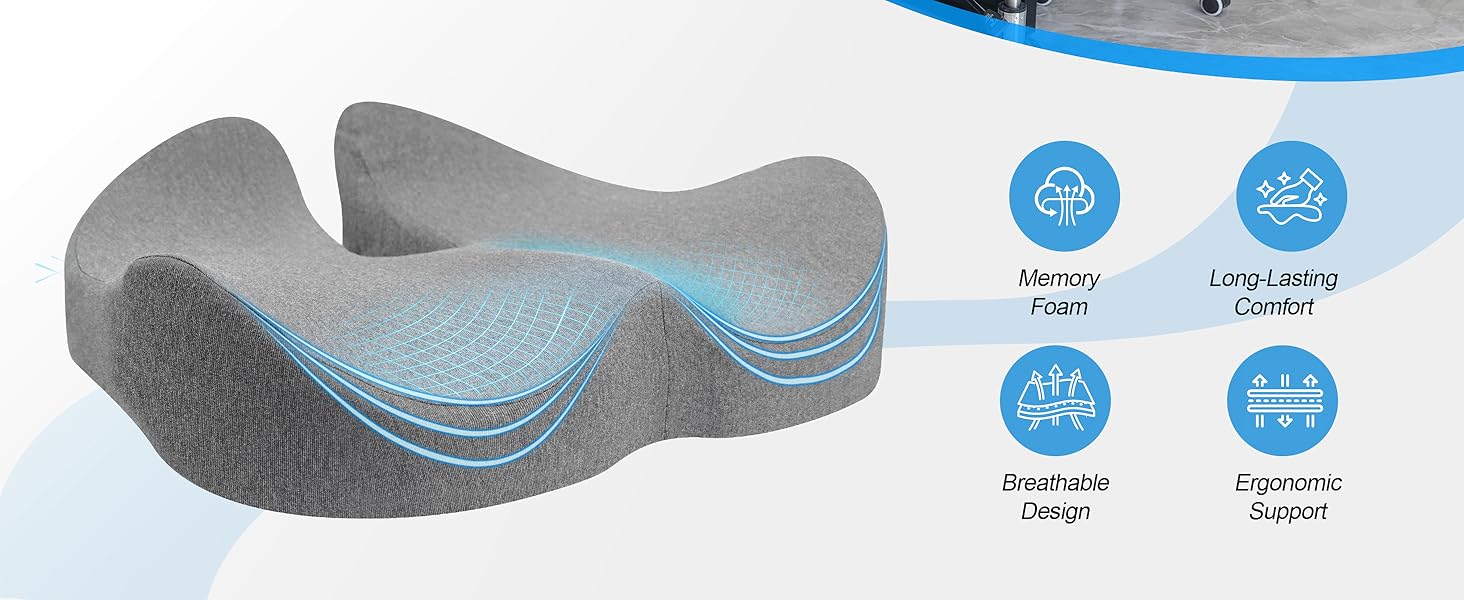 Подушка для офісного крісла Lofty Aim з Memory Foam: ергономічна, для куприка, при болях у спині, для офісу, авто, літака, інвалідного візка - Чорний та світло-сірий