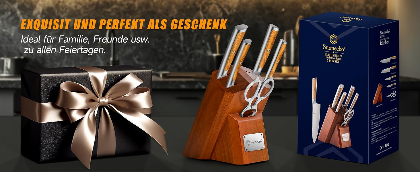 Набір ножів Sunnecko 6 шт. з підставкою – кухонний набір ножів для кухні, з ергономічними ручками та гострими лезами, з підставкою з нержавіючої сталі та акацієвого дерева