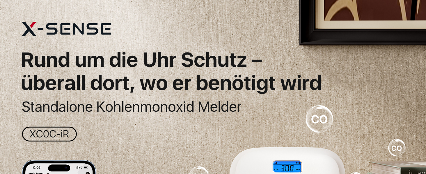 X-Sense Детектор чадного газу XC0C-iR з LCD-дисплеєм, сертифікат TÜV Rheinland, керування через додаток, змінна батарея, 1 шт. Білий