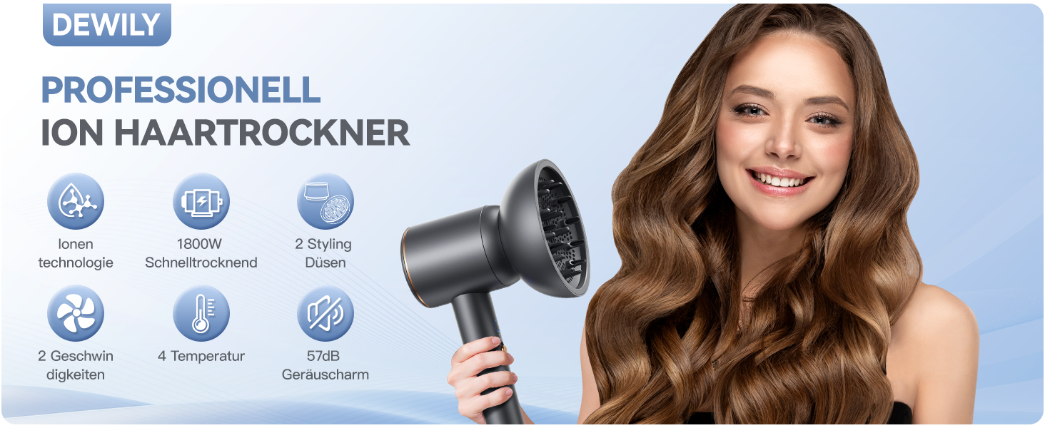 Іонний фен для волосся DEWILY з дифузором 1800 Вт, 3 температурних режими, компактний дорожній сунич для кучерявого волосся (сіро-чорний)