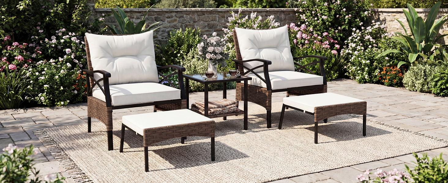 Садовий набір меблів COSTWAY з ротангу, 5 предметів: 2 крісла з подушками, пуф та стіл. Меблі для балкона, тераси, саду, коричнево-сірий колір