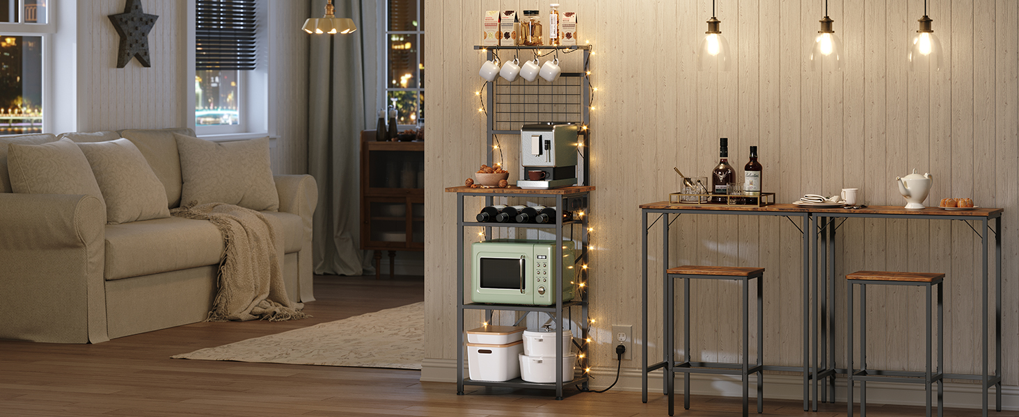 Стелаж для кухні з розетками, підлоговий, бакалійний, 35 x 48 x 135 см, 4 гачки, станція для кави з тримачем для пляшок та гачками, вінтажний коричневий та чорний ABRHR23UE01