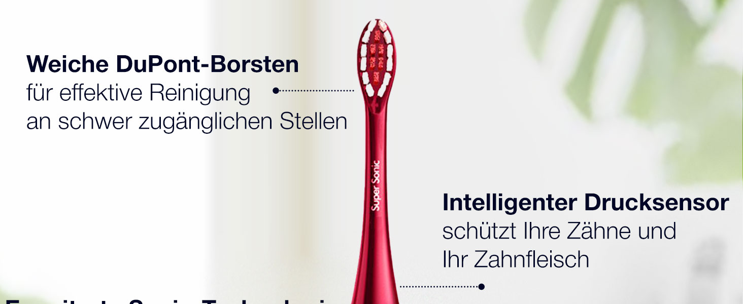 Електрична зубна щітка Wagner Stern WHITEN+ Edition з датчиком тиску, 5 режимів чищення та 3 рівні інтенсивності, 8 насадок, преміум-чохол, зелений (червоний)