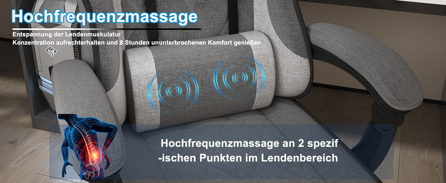 Ігровий крісло JUMMICO з тканини та пружинним наповнювачем, ергономічний офісний крісло з масажером. Крісло має підголівник, підставку для ніг, регулювання висоти. Максимальне навантаження: 150 кг. Колір: темно-сірий