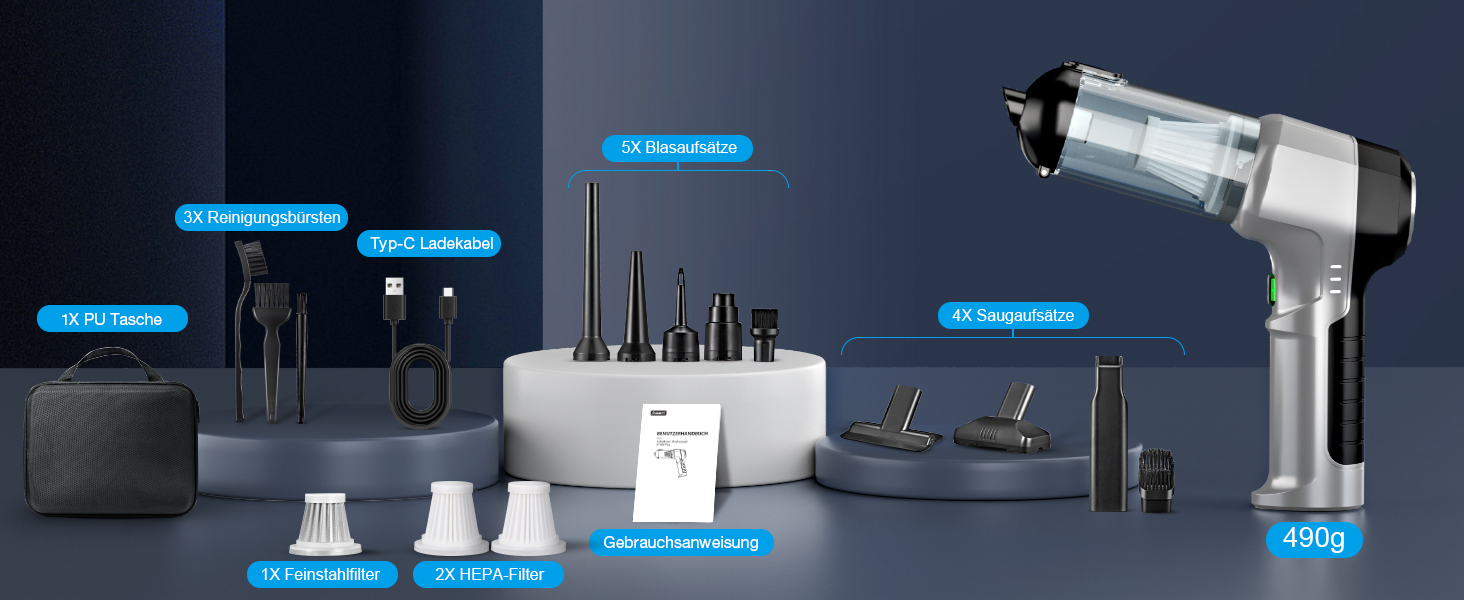 Акумуляторний ручний пилосос 4-в-1 для авто та дому, потужність 25000Па, бездротовий електроповітродув для прибирання шерсті, кухні та ПК, чорний