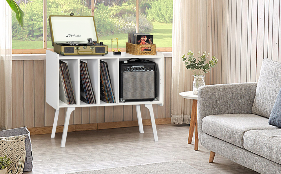 Підставка для програвача LELELINKY з 4 полицями для 220 альбомів, міцна дерев'яна конструкція, стіл Mid-Century, біла полиця для зберігання вінілу