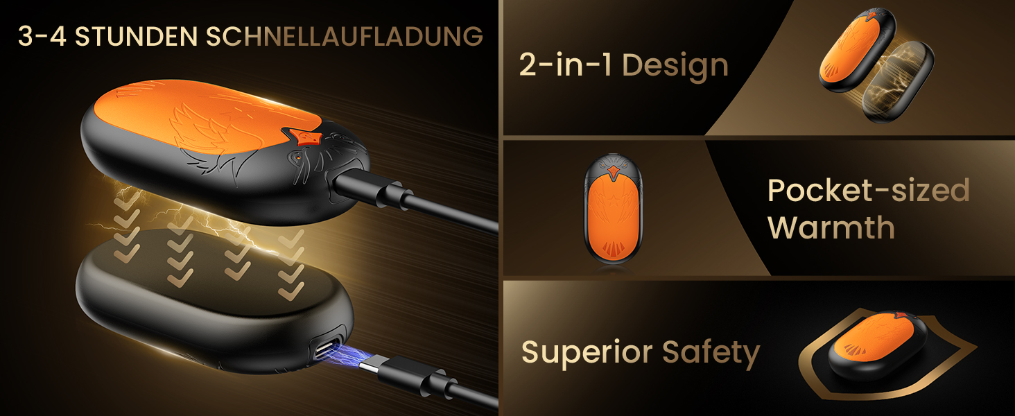 Електричні грілки для рук 2 шт. - USB перезаряджувані, 3 режими нагріву, 24 години тепла, для активного відпочинку взимку (Помаранчевий)