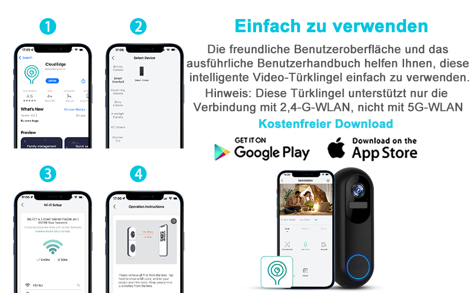 Відеодзвінок UCOCARE з камерою, 2K HD, Wi-Fi, ширококутний об'єктив, нічне бачення, водонепроникний IP66, підтримка SD/Cloud-пам'яті
