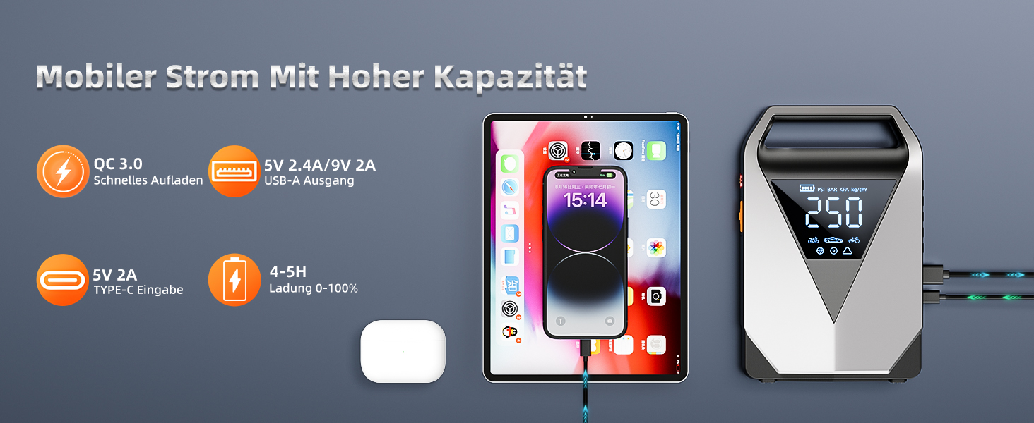Пусковий пристрій Powerbank з компресором 6в1, бустер для авто 3000А 150PSI для 12В акумуляторів, автозапуск з LCD-екраном, QC3.0 та LED-ліхтарем (для всіх бензинових та дизельних двигунів до 8л)