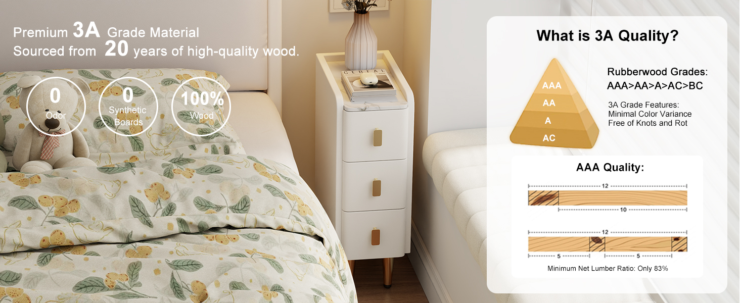 Нічний столик AQIMUELE, білий, з 3 шухлядами, 30 см, без встановлення, з екошкірою