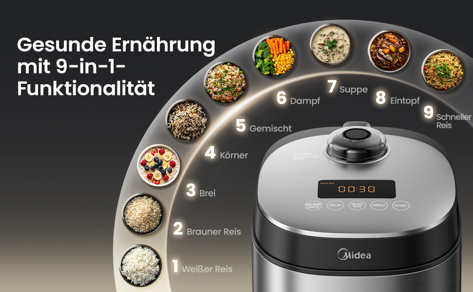 Мультиварка Midea Reiskocher 5 л: рис, суп, тушкування, повільне приготування, 11 програм, таймер, аксесуари, чорний/срібний