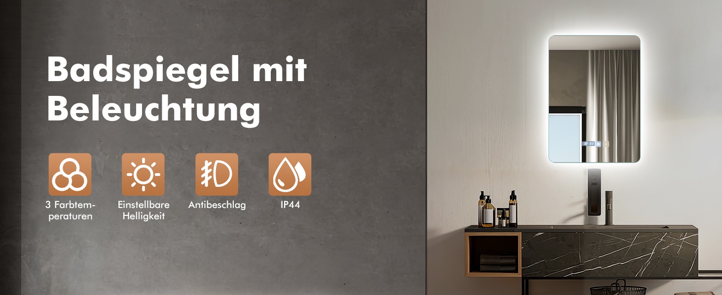 Дзеркало Bellanny LED з підсвічуванням 60 см | Настінне дзеркало для ванної кімнати, комодний дзеркало | Дзеркало для макіяжу з сенсорним вимикачем, 3 кольори світла, регульована яскравість, проти запотівання, IP44, горизонтальне/вертикальне (прямокутне - 70*50 см)