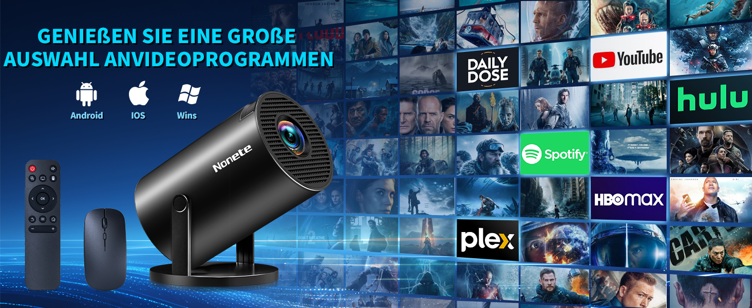 Beamer 4K: Міні проєктор з WiFi 6, Bluetooth 5.2, Android, 270° оберт, Auto Keystone, для PC/HDMI/USB, з мишкою та пультом, білий (20-Black)