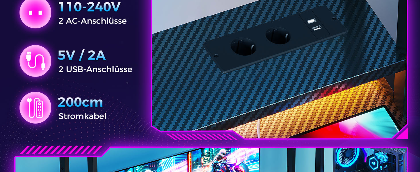 Ігровий стіл Coleshome з полицею та шухлядами, 137×48 см. Стіл для ігор з LED-підсвічуванням, розеткою, полицями та підставкою для монітора. Вуглецеве волокно, чорний колір