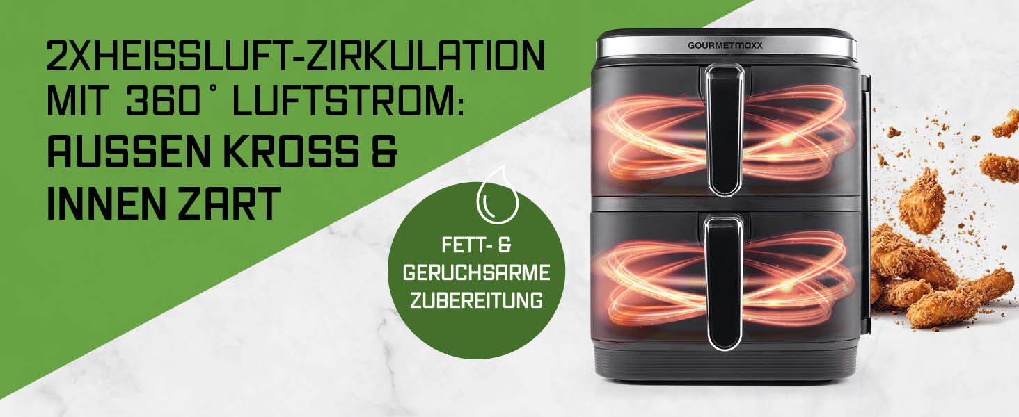 Фритюрниця повітряна Gourmetmaxx FryUp з вертикальною подвійною камерою, 10 літрів (2x5л), сенсорний дисплей